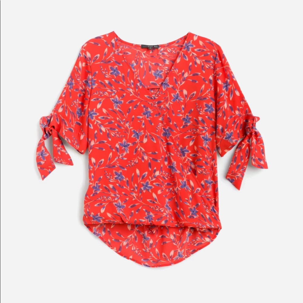 Red faux wrap blouse